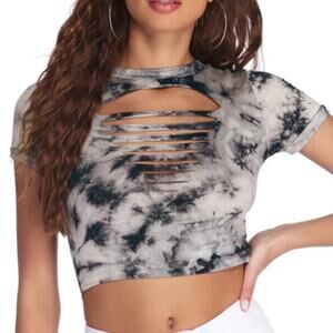 Windsor S Red Tie Dye Crew Neck Slashed Ripped Short Sleeve Crop Top